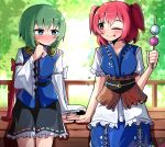  2girls :p absurdres bangs black_sash black_skirt blue_eyes blue_kimono blue_vest blush bow breasts brown_sash buttons cleavage closed_mouth coin coin_on_string commentary dango epaulettes expressionless food frilled_skirt frills green_hair hair_between_eyes hair_bobbles hair_ornament highres holed_coin japanese_clothes kimono large_breasts long_sleeves looking_at_another looking_to_the_side medium_breasts multiple_girls no_headwear obi onozuka_komachi railing red_bow red_eyes red_hair ribbon-trimmed_skirt ribbon_trim sash shiki_eiki shirt short_hair skirt sleeve_bow smile spam_(spamham4506) tongue tongue_out touhou tree two_side_up vest wagashi white_bow white_shirt wide_sleeves yuri 