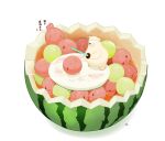  animal animal_focus artist_name bear bird blindfold chai_(drawingchisanne) food food_focus fruit in_food kanji no_humans on_food original polar_bear signature simple_background sweets_bird sword undersized_animal water watermelon watermelon_seeds weapon white_background 