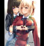  2girls aona_(anagasaki) black_hair blonde_hair blue_ribbon breasts commentary_request gradient gradient_background grey_background hair_ribbon heart heart_hands inoue_takina long_hair long_sleeves looking_at_another looking_at_viewer lycoris_recoil medium_breasts multiple_girls neck_ribbon nishikigi_chisato pillarboxed purple_eyes red_eyes red_ribbon ribbon short_hair smile uniform yuri 