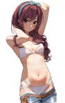  1girl arm_up bangs bikini blush breasts brown_eyes cleavage gin00 grey_hairband hairband hand_in_own_hair highres idolmaster idolmaster_shiny_colors long_hair looking_at_viewer medium_breasts navel osaki_amana parted_lips purple_hair swimsuit thighs white_background white_bikini 