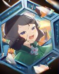  1girl black_hair blue_eyes breaking broken_mirror cape child curly_hair green_cape highres looking_at_viewer machida_0906 medium_hair miranjo mirror missing_tooth open_mouth ousama_ranking reflection solo 