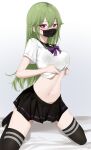  1girl alternate_costume bangs black_skirt black_thighhighs blush bow bowtie breasts clothes_lift feint721 genshin_impact green_hair hair_between_eyes hair_ornament highres kuki_shinobu lifted_by_self long_hair looking_at_viewer mask medium_breasts midriff mouth_mask navel neckerchief on_bed pleated_skirt purple_bow purple_bowtie purple_eyes school_uniform serafuku shirt_lift skirt solo stomach thighhighs thighs uniform zettai_ryouiki 