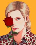  1girl better_call_saul blonde_hair blue_eyes earrings floral_print flower highres jewelry kim_wexler lipstick makeup necklace one_eye_covered portrait prim42 red_flower red_lips red_rose rose solo yellow_background 