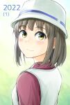  1girl 2022 brown_hair hat highres kou1 looking_at_viewer medium_hair original ribbon-trimmed_headwear ribbon_trim solo upper_body yellow_eyes 