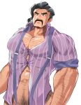  1boy abs arm_hair artist_name bara black_hair brown_eyes chest_hair collared_shirt facial_hair feet_out_of_frame hairy highres kaido_(62145659) large_pectorals looking_at_viewer male_focus manly mature_male muscular muscular_male muscular_teacher_(pokemon) mustache navel navel_hair pectorals pokemon pokemon_(game) pokemon_sv shirt short_hair signature simple_background solo thick_arms tight upper_body white_background 