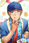  1boy :p ahoge america_(hetalia) animal_ears artist_name axis_powers_hetalia baseball_cap blonde_hair blue_eyes blue_headwear blue_jacket blue_shirt easter_egg egg fake_animal_ears floral_print food food_on_face fork glasses hat jacket licking_lips light_blush littleb623 looking_at_viewer male_focus mochi mochimerica_(hetalia) necktie print_shirt red_necktie shirt sleeves_rolled_up smile tongue tongue_out 