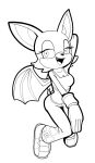  anthro breasts chiropteran cleavage clothed clothing female footwear fours_(artist) gloves handwear hi_res legwear looking_aside mammal membrane_(anatomy) membranous_wings midriff monochrome open_mouth open_smile raised_arm rouge_the_bat sega shirt shoes simple_background smile solo sonic_the_hedgehog_(series) tank_top topwear white_background wings 