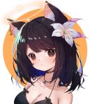  1girl animal_ear_fluff animal_ears black_hair breasts brown_eyes cat_ears cat_girl character_request cleavage commission copyright_request daikazoku63 earrings expressionless flower hair_flower hair_ornament halo highres jewelry large_breasts looking_at_viewer medium_hair portrait 