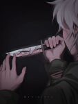  1boy bangs black_background boleum_(dgrpluna) brown_eyes danganronpa_(series) danganronpa_2:_goodbye_despair gradient gradient_background green_jacket grey_hair hair_between_eyes hands_up highres holding holding_knife jacket knife komaeda_nagito long_sleeves male_focus reflection short_hair solo 