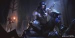  1boy 1girl abs absurdres beard black_hair character_request dark facial_hair fingerless_gloves frown full_body gloves highres hyxifeng league_of_legends looking_at_viewer lux_(league_of_legends) male_focus mature_male muscular muscular_male mustache navel night nipples pants pectorals short_hair sidelocks stomach sylas_(league_of_legends) topless_male 
