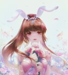  1girl absurdres animal_ears bare_shoulders bo_yikou_da_yuanzi brown_hair closed_mouth dark douluo_dalu dress flower highres holding holding_flower light_particles long_hair looking_at_viewer pink_dress ponytail rabbit_ears solo upper_body white_background xiao_wu_(douluo_dalu) 