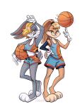  2021 absurd_res anthro basketball basketball_uniform blonde_hair breasts bugs_bunny clothing crossgender digital_drawing_(artwork) digital_media_(artwork) duo emdoods feet female fur gloves grey_body grey_fur hair handwear hi_res lagomorph leporid lola_bunny looney_tunes mammal medium_breasts mtf_crossgender multicolored_body multicolored_fur rabbit simple_background small_breasts sportswear standing tan_body tan_fur two_tone_body two_tone_fur uniform warner_brothers white_background white_body white_fur 