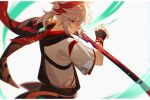  1boy bandaged_hand bandages bangs black_gloves english_commentary from_side genshin_impact gloves grey_hair hair_between_eyes highres holding holding_sword holding_weapon japanese_clothes jesse_(pixiv34586727) kaedehara_kazuha looking_at_viewer male_focus multicolored_hair parted_lips ponytail profile red_hair simple_background solo streaked_hair sword upper_body vision_(genshin_impact) weapon 