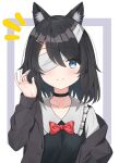  1girl animal_ear_fluff animal_ears bandage_over_one_eye black_hair black_vest blue_eyes borrowed_character cat_ears cat_girl choker grey_jacket highres jacket long_sleeves off_shoulder original shirt short_hair smile surrender vest white_shirt 