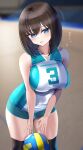  1girl absurdres aqua_shorts bangs bare_arms bare_shoulders black_hair black_thighhighs blue_eyes blurry blurry_background blush breasts hanasaka_houcha highres jersey large_breasts medium_hair micro_shorts mole mole_under_eye original parted_lips shorts solo sportswear thighhighs thighs volleyball volleyball_uniform 