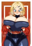  1girl alternate_breast_size black_pants black_survival blonde_hair blue_eyes blush breast_expansion breast_hold breasts cleavage eternal_return:_black_survival gigantic_breasts hair_ornament hairclip highres navel nicky_blake pants parted_lips rinyamame solo sweat 