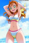  1girl armpits arms_behind_head arms_up bikini blue_sky breasts brown_hair cloud collarbone dated day green_eyes hanzou highres long_hair medium_breasts multicolored_bikini multicolored_clothes natsuumi_manatsu navel ocean open_mouth outdoors precure sky smile solo stomach swimsuit tropical-rouge!_precure twitter_username water wet 