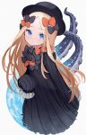  1girl abigail_williams_(fate) bangs black_bow black_dress black_headwear blonde_hair blue_eyes blush bow breasts dress fate/grand_order fate_(series) forehead hair_bow hat highres lazu0721 long_hair long_sleeves looking_at_viewer multiple_bows multiple_hair_bows open_mouth orange_bow parted_bangs polka_dot polka_dot_bow ribbed_dress sleeves_past_fingers sleeves_past_wrists small_breasts solo tentacles 