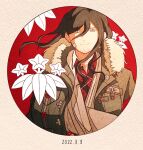  1boy bangs brown_eyes brown_hair brown_jacket collared_shirt danganronpa_(series) danganronpa_another_episode:_ultra_despair_girls dated facial_hair floral_print grey_background highres jacket kiri_(2htkz) long_hair looking_at_viewer male_focus red_background red_shirt shirt solo stubble touwa_haiji upper_body 