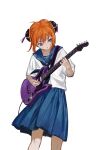  1girl :o absurdres bangs black_neckerchief blue_eyes blue_sailor_collar blue_skirt bun_cover commentary gintama guitar highres holding holding_instrument instrument kagura_(gintama) music neckerchief orange_hair parted_lips playing_instrument sailor_collar school_uniform serafuku short_hair short_sleeves skirt solo symbol-only_commentary yuhuan 