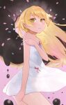  absurdres adjusting_strap bakemonogatari blonde_hair blush chocolate doughnut dress embarrassed fang floating_hair food highres kuki long_hair looking_at_viewer monogatari_(series) oshino_shinobu pink_background red_ribbon ribbon skin_fang sleeveless sleeveless_dress strap_slip thighs wavy_mouth white_dress yellow_eyes 