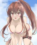  1girl all_fours bikini blue_sky breasts brown_eyes brown_hair cleavage cloud gakky kantai_collection large_breasts long_hair looking_at_viewer one-hour_drawing_challenge ponytail scrunchie sky solo swimsuit white_bikini yamato_(kancolle) 