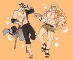  2boys abs absurdres artist_name bara biceps blonde_hair bracelet coat collared_coat collared_shirt fangs guilty_gear hand_on_headwear hand_on_hip hat highres jewelry johnny_(guilty_gear) large_pectorals leather leather_belt leo_whitefang long_hair looking_at_viewer male_focus manly mature_male multiple_boys muscular muscular_male navel necklace nipples oneirio open_clothes open_coat open_mouth open_shirt orange_background pants pectorals sandals shirt short_hair shorts signature smirk spiked_hair star_(symbol) sunglasses sword teeth thick_arms thick_thighs thighs tongue weapon wooden_sword 