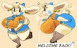  2022 anthro big_breasts blue_horn bovid breasts caprine clothed clothing dialogue ear_piercing english_text eyewear female glasses goat horn huge_breasts kiseff knee_highs legwear long_ears mammal open_mouth open_smile piercing quest_goat_(kiseff) simple_background smile solo text thick_thighs 