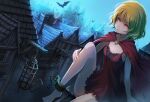  1girl bare_legs bat_(animal) blonde_hair breasts cape chain cleavage closed_mouth dress long_hair night original outdoors red_cape red_dress red_eyes rooftop shiny shiny_hair short_dress sitting sleeveless sleeveless_dress small_breasts solo straight_hair torn_cape torn_clothes ume_(illegal_bible) 