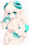  2022 4_fingers absurd_res ahoge anthro breasts claws curled_horns devil-vox female female_anthro finger_claws fingers fluffy fur green_eyes hair hi_res horn kemono looking_at_viewer navel nude simple_background solo unknown_species white_background white_body white_fur white_hair 