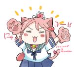  1girl =_= animal_ears animal_hands arms_up badge blue_neckerchief blue_sailor_collar blue_skirt blush_stickers cat_ears cat_tail closed_eyes commentary_request creature_on_head dated gloves hair_bobbles hair_ornament izumiyamisono kantai_collection neckerchief paw_gloves pink_hair sailor_collar sazanami_(kancolle) school_uniform serafuku short_hair simple_background skirt smile tail twintails white_background 