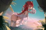  1girl arknights bangs bare_shoulders bikini blue_sky day detached_sleeves dutch_angle highres hirusugi_0 horns leaning_forward long_hair long_sleeves official_alternate_costume purple_eyes red_hair sky solo surtr_(arknights) surtr_(colorful_wonderland)_(arknights) swimsuit thigh_strap thighs very_long_hair wading water 