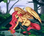  2022 absurd_res anthro breasts detailed_background digital_media_(artwork) equid equine eyebrows female fingers fish fluttershy_(mlp) friendship_is_magic hasbro hi_res mammal marine my_little_pony nude outside pegasus plant reflection ritter tree water wings 