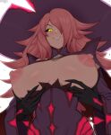  1girl afrobull blazblue blush breasts dress eyelashes gloves grin hair_over_eyes hat highres konoe_a._mercury large_breasts lips nipples pink_hair purple_dress smile solo sweat witch witch_hat yellow_eyes 