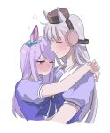  2girls 3; animal_ears bangs blush bow bowtie closed_eyes closed_mouth gold_ship_(umamusume) hair_bow heart highres horse_ears horse_girl hug kipa_03 long_hair mejiro_mcqueen_(umamusume) multiple_girls one_eye_closed purple_bow purple_bowtie purple_hair purple_shirt school_uniform shirt short_sleeves simple_background smile tracen_school_uniform umamusume white_background 