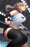  1girl absurdres bike_shorts black_shorts black_thighhighs blonde_hair blurry blurry_background breasts commentary_request flying_sweatdrops from_below green_eyes highres large_breasts looking_up midriff navel open_mouth original playing_sports ponytail shorts solo sportswear sweat thighhighs thighs vegetablenabe volleyball volleyball_uniform 