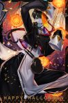  1boy bangs bishounen chinese_clothes colored_skin halloween hat highres jiangshi long_sleeves looking_at_viewer m/g male_focus ofuda open_mouth original qing_guanmao short_hair sleeves_past_wrists smile solo white_skin 