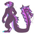  anthro blue_claws blue_tail butt claws dorsal_frill frill_(anatomy) head_crest head_frill imperatorcaesar maw_(imperatorcaesar) mouth_closed pink_body pink_tail purple_body purple_tail simple_background solo standing striped_back tail_frill white_background 