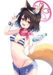  1girl :d absurdres animal_ears bare_arms bare_shoulders bikini black_hair blue_archive blue_shorts bottle breasts cowboy_shot cutoffs denim denim_shorts fang fox_ears fox_girl fox_shadow_puppet fox_tail halo hands_up highleg highres holding izuna_(blue_archive) izuna_(swimsuit)_(blue_archive) looking_at_viewer micro_shorts miso_(misomiso_154) navel official_alternate_costume open_mouth scarf scrunchie short_hair shorts small_breasts smile solo stomach string_bikini striped striped_bikini swimsuit tail visor_cap water_bottle wrist_scrunchie yellow_eyes 