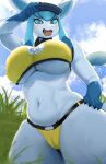  2022 anthro big_breasts blush breasts camel_toe clothed clothing cute_fangs eeveelution female glaceon hat headgear headwear hi_res huge_breasts looking_at_viewer navel nintendo nukochi open_mouth pok&eacute;mon pok&eacute;mon_(species) pok&eacute;mon_unite solo video_games 