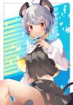  1girl animal_ears bangs blush breasts capelet closed_mouth commentary_request commission crystal feet_out_of_frame grey_hair grey_skirt grey_vest highres jewelry long_sleeves looking_at_viewer medium_breasts midriff mouse_ears mouse_girl mouse_tail navel nazrin pendant ra_mun5239 red_eyes shirt short_hair skeb_commission skirt skirt_set smile solo tail touhou vest white_capelet white_shirt 