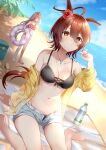  2girls :d agnes_digital_(umamusume) agnes_tachyon_(umamusume) ahoge alternate_costume animal_ears barefoot beach bikini black_bikini blue_eyes bottle bow breasts brown_eyes brown_hair cleavage commentary_request cooler flower frilled_bikini frills hair_between_eyes hair_bow hair_flower hair_ornament hibiscus highres horse_ears horse_girl jewelry long_hair looking_at_viewer looking_to_the_side mashiro_aa medium_breasts messy_hair multiple_girls necklace off_shoulder palm_tree pink_hair red_bikini sandals sandals_removed short_hair short_shorts shorts sitting smile swimsuit tree umamusume wariza water_bottle yellow_bow 