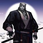  1boy alternate_costume animal_ears arknights bara beckoning black_kimono furry furry_male highres japanese_clothes kimono looking_at_viewer maandherwtqs male_focus mature_male mountain_(arknights) muscular muscular_male outstretched_hand pectorals reaching_out scar scar_across_eye short_hair solo thick_eyebrows tiger_boy tiger_ears white_fur white_hair 