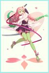  1girl absurdres bangs black_jacket black_skirt braid breasts cleavage floating_hair full_body gradient_hair green_eyes green_hair green_thighhighs hair_between_eyes haori heart highres holding holding_sheath holding_sword holding_weapon jacket japanese_clothes kanroji_mitsuri kimetsu_no_yaiba long_hair long_sleeves mato_kuroi medium_breasts miniskirt multicolored_hair open_clothes open_jacket open_mouth open_shirt pink_hair pleated_skirt sheath shirt skirt solo striped striped_thighhighs sword thighhighs vertical-striped_thighhighs vertical_stripes very_long_hair weapon white_shirt zettai_ryouiki 