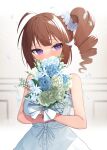  1girl bare_arms bare_shoulders binsen blue_flower blue_rose blush bouquet brown_hair covered_mouth dress drill_hair flower hair_flower hair_ornament highres holding holding_bouquet idolmaster idolmaster_million_live! looking_at_viewer petals purple_eyes ribbon-trimmed_dress rose side_ponytail sidelocks solo white_dress yokoyama_nao 
