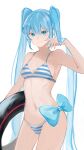  1girl absurdres aqua_eyes armpits blue_hair blue_ribbon breasts hatsune_miku highres holding holding_innertube innertube long_hair looking_at_viewer navel ribbon simple_background small_breasts smile solo swimsuit twintails very_long_hair vocaloid yukihira_makoto 