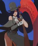  1other androgynous ascot bare_shoulders black_hair choker fingerless_gloves gloves guilty_gear guilty_gear_strive hat highres holding knifesart long_hair looking_at_viewer red_eyes scythe simple_background skull solo testament_(guilty_gear) top_hat weapon 