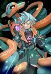  1boy blue_eyes blue_hair bodysuit bodysuit_under_clothes coat deoxys deoxys_(normal) gem gloves hand_on_own_chest highres looking_at_viewer male_focus mochiko_(mochi373pk) official_alternate_costume pokemon pokemon_(creature) pokemon_(game) pokemon_masters_ex space star_(sky) steven_stone tentacles twitter_username 