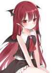  1girl absurdres adapted_costume bat_wings head_wings highres koakuma long_hair okome2028 pointy_ears red_eyes red_hair simple_background sleeveless solo touhou very_long_hair white_background wings 