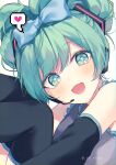  1girl :d bare_shoulders black_sleeves black_thighhighs blue_bow blush bow character_name cinnamiku collared_shirt commentary_request english_text feet_out_of_frame frilled_shirt frilled_shirt_collar frills green_eyes green_hair grey_shirt hair_bow hatsune_miku head_tilt headset instagram long_sleeves looking_at_viewer shirt silltare simple_background sleeveless sleeveless_shirt smile solo thighhighs vocaloid white_background 